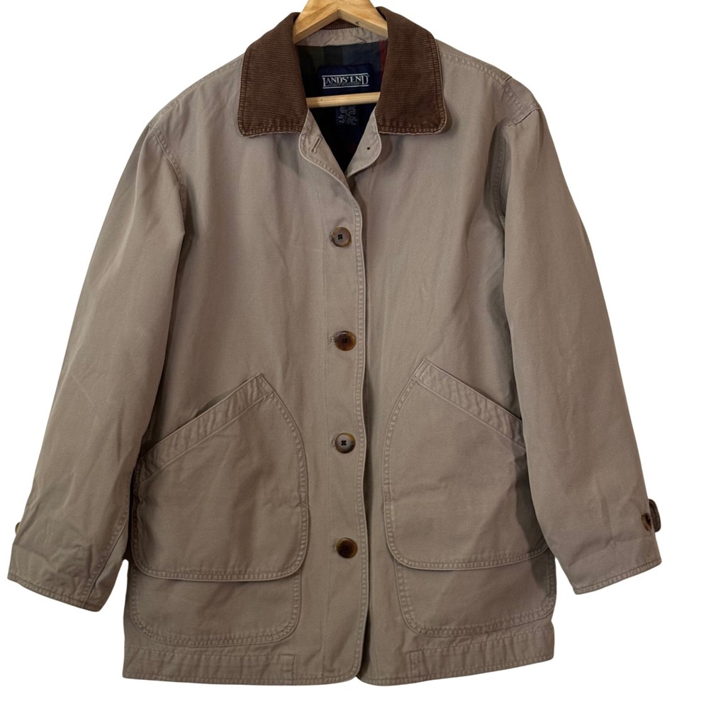 Vtg Lands End Womens L Tan Canvas Barn Chore Jacket Plaid Lined Corduroy Collar
